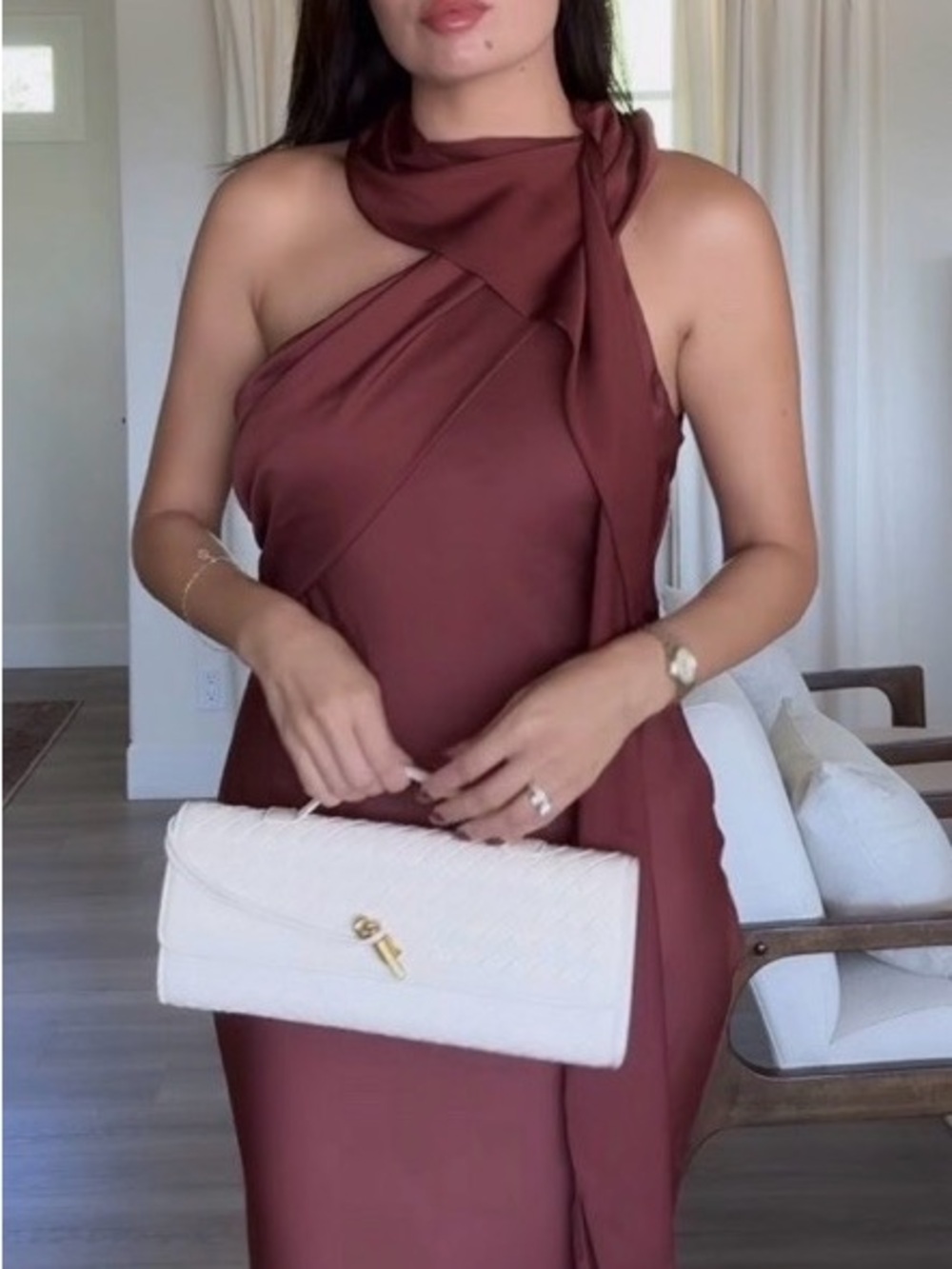 Zara Rust-Brown One-Shoulder Draped Midi Dress - Picture 4 of 8